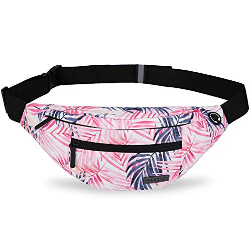MAXTOP Large Crossbody Fanny Pack with 4-Zipper Pockets,Gifts for Enjoy Sports Festival Workout Traveling Running Casual Hands-Free Wallets Waist Pack Phone Bag Carrying All Phones - color: Pink Leaf, style: Large Fanny Pack(4 Zipper Pockets)
