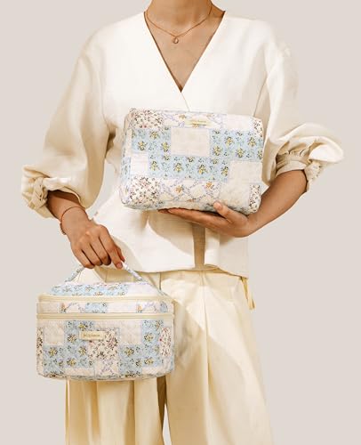 HBselect 2Pcs Travel Makeup Bag, Large Cotton Quilted Makeup Bag Cosmetic Bag Cute Make up Bag Toiletry Bags for Women Girls - color: 2PCS-BLYLFLOWER