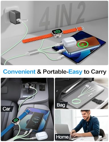 Travel Essentials,Multi Charging Cable for Apple Watch Charger/iPhone Charger/Samsung Charger,USB A & Type C Power Cable for iWatch Ultra/10-2/iPhone 17-11/Samsung S26,Serial Cables,Car[1.2M]-Green - color: 1-Green, size: 1.2M