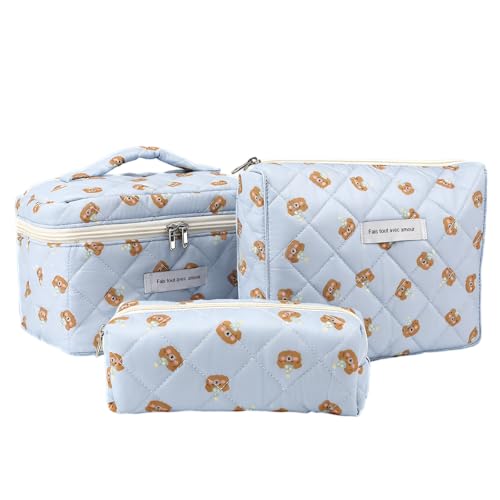3PCS Coquette Makeup Bag,Quilted Cosmetic Bag Large Make Up Bag Set,Quilted Portable Toiletry Organizer Bag,Cotton Travel Skincare Bag for Women Girls(06-Cute Bear) - style: 06-cute Bear