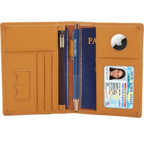 STAR VISTA Phoenix Leather Passport Holder, Calfskin Leather Travel Wallet - RFID Blocking, ID Window, Zipper Pocket, Pen & Notebook Included, AirTag Holder, Honey - color: Honey Calfskin AirTag