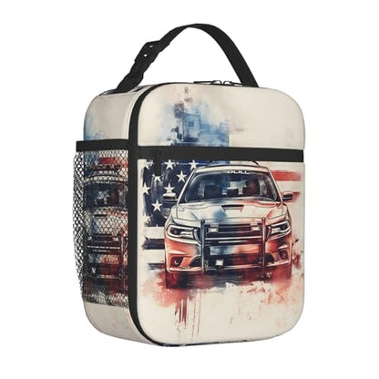 Insulated Lunch Box for Kids Boys Girls, Reusable Lunch Bag for School, Office, Work, Picnic, Travel, American Flag and Police Car Lunch Box - color: lunch box 91