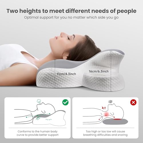 JINXIA Cervical Neck Pillow Memory Foam Pillows for Sleeping,Ergonomic Orthopedic Neck Support Pillow,Cooling Pillow with Removable Pillowcase for Side,Back, Stomach Sleepers,Light Gray