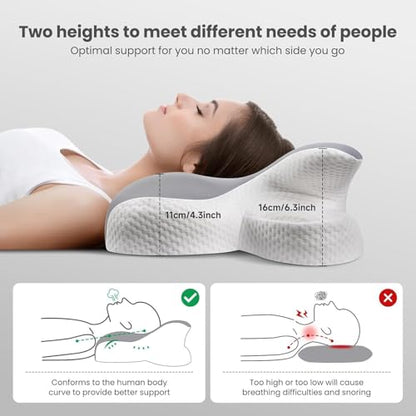 JINXIA Cervical Neck Pillow Memory Foam Pillows for Sleeping,Ergonomic Orthopedic Neck Support Pillow,Cooling Pillow with Removable Pillowcase for Side,Back, Stomach Sleepers,Light Gray