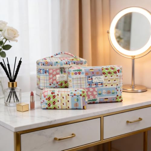 3PCS Coquette Makeup Bag,Quilted Cosmetic Bag Large Make Up Bag Set,Quilted Portable Toiletry Organizer Bag,Cotton Travel Skincare Bag for Women Girls (02-Cartoon Paradise) - style: 02-cartoon Paradise