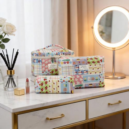 3PCS Coquette Makeup Bag,Quilted Cosmetic Bag Large Make Up Bag Set,Quilted Portable Toiletry Organizer Bag,Cotton Travel Skincare Bag for Women Girls (02-Cartoon Paradise) - style: 02-cartoon Paradise