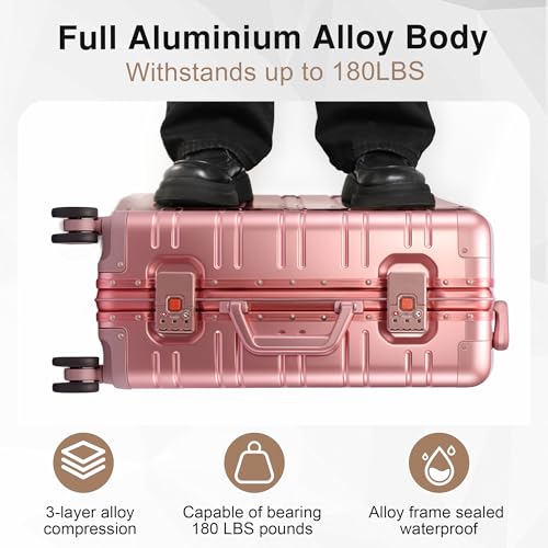 VentureVault All Aluminum Carry On Luggage 22x14x9 Airline Approved，Zipperless Luggage Premium Aluminum Suitcase Luggage, Hard Shell Carry On Luggage with Spinner Wheels (rose gold, 20inch) - color: Rose Gold, size: 20inch