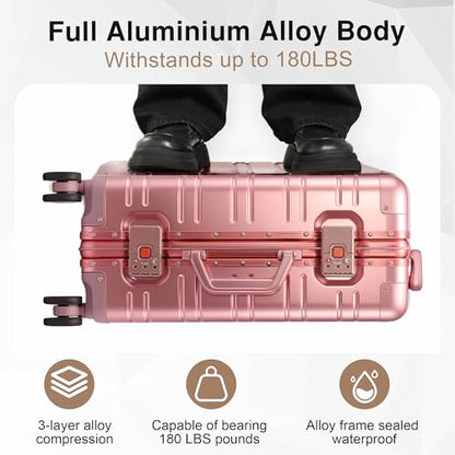 VentureVault All Aluminum Carry On Luggage 22x14x9 Airline Approved，Zipperless Luggage Premium Aluminum Suitcase Luggage, Hard Shell Carry On Luggage with Spinner Wheels (rose gold, 20inch) - color: Rose Gold, size: 20inch