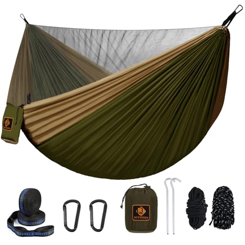 Camping Hammock, Portable Hammocks with Mosquito Net,Lightweight Nylon Parachute Hammock with 10ft Tree Straps,Camping Gear Must Haves for Travel Hiking Backpacking Beach Patio-Green&Khaki - color: Green&khaki, size: Large
