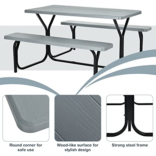 S AFSTAR Picnic Table Bench Set, 59” Expanded Rectangular Picnic Table, Outdoor Table and Bench with Steel Frame & Wood-Like Texture Tabletop, Camping Table Chair Set for Garden Lawn Deck (Gray) - color: Grey