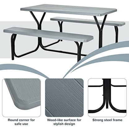 S AFSTAR Picnic Table Bench Set, 59” Expanded Rectangular Picnic Table, Outdoor Table and Bench with Steel Frame & Wood-Like Texture Tabletop, Camping Table Chair Set for Garden Lawn Deck (Gray) - color: Grey