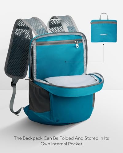 WATERFLY Packable Lightweight Small Backpack: 15L Foldable Mini Hiking Daypack - Ultralight Compact Day Pack for Women Men Outdoor Travel Camping Walking - Blue - color: Blue