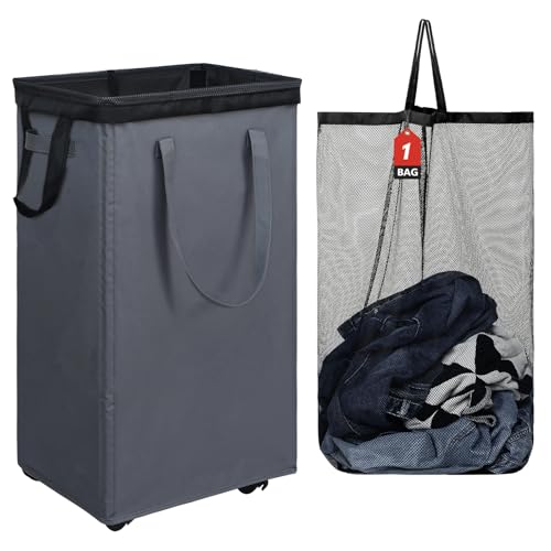 DOKEHOM 90L X-Large Laundry Basket with Removable Wash Bag on Wheels, Collapsible Rolling Laundry Hamper, Foldable Clothes Organizer, Folding Washing Bin (Grey) - color: Grey, size: X-Large Pro 29"
