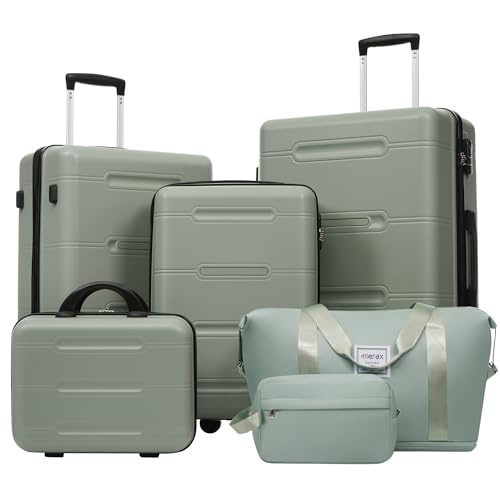 Merax Luggage Set 6 Piece,Lightweight Hardshell Suitcase with Double Spinner Wheels Handle Password Lock,14 IN Cosmetic Case 20/24/28 IN Luggages with Duffel Bag and Toiletry Bag,Light Green - color: Light Green, style: 14+20+24+28+bags