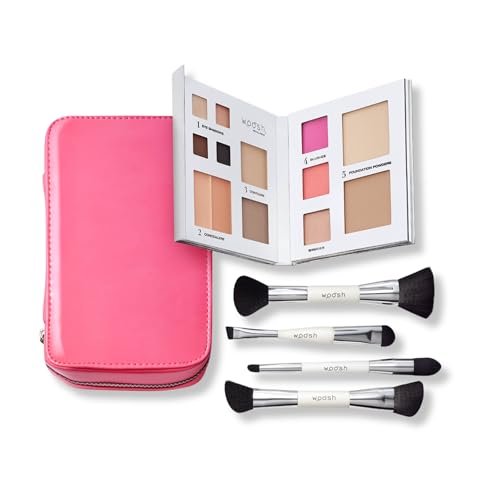 Woosh Beauty, Jetsetter Bundle in #1 Light, Fold Out Face Non-Refillable, Essential Brush Set, Travel Case in Hot Pink