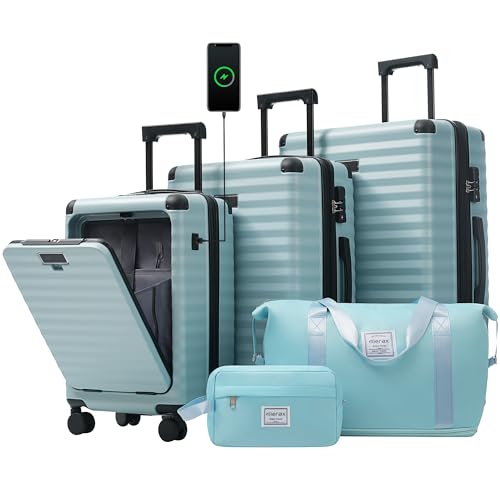 Merax Luggage Sets Front Opening, 3 Piece Hardshell Suitcase with Spinner Wheels and Bags,Lightweight Carry on Luggage with USB Port and Cup Holder,20+24+28,Light Blue - color: Light Blue, style: Front Open-20/24/28
