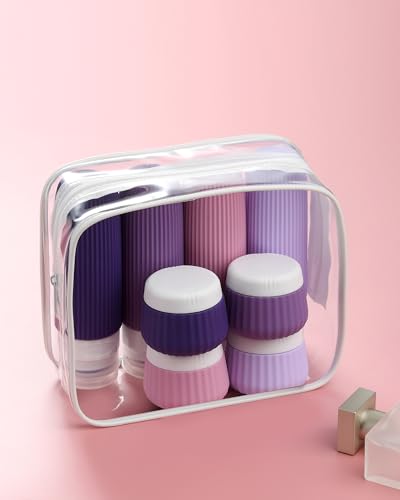 Mrsdry Travel Bottles for Toiletries - 8 Pack, TSA Approved 3oz Travel Containers, Leak Proof Silicone Squeezable Cream Jars with Clear Bag - color: Violet, size: Bottle 3oz Jars 1oz