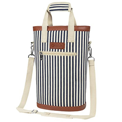 opux Two Bottle Wine Bag Carrier Tote, Insulated Leakproof 2 Bottle Wine Cooler Bag for Travel BYOB Picnic, Portable Wine Case, Gift for Men Women Wine Lover Birthday Party Christmas, Navy Stripes - color: Navy Stripes