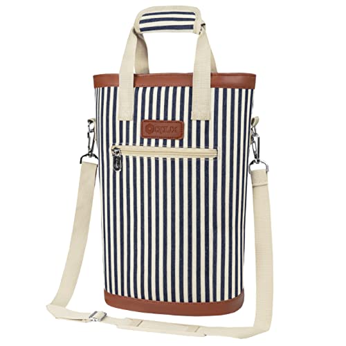 opux Two Bottle Wine Bag Carrier Tote, Insulated Leakproof 2 Bottle Wine Cooler Bag for Travel BYOB Picnic, Portable Wine Case, Gift for Men Women Wine Lover Birthday Party Christmas, Navy Stripes - color: Navy Stripes