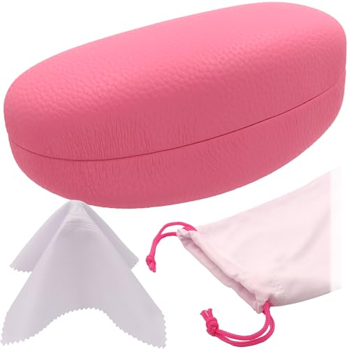 MyEyeglassCase® Large Hard Sunglasses Case | fits Large curved Sunglasses, with microfiber bag and cleaning cloth - color: Pink Distressed