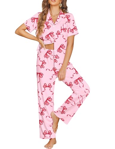 Ekouaer Womens Pajama Sets Button Down Pjs Lounge Sets 2 Piece Short Sleeve Sleepwear Soft Comfy Loungewear - color: Bow, size: Small