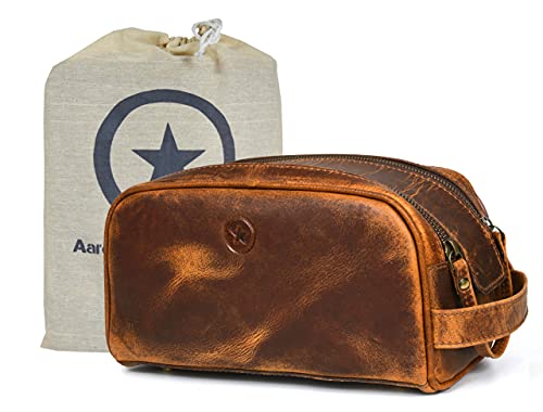 10" Premium Leather Toiletry Travel Pouch With Waterproof Lining Black Color | King-Size Handcrafted Vintage Shaving Kit By Aaron Leather Goods - color: Copper