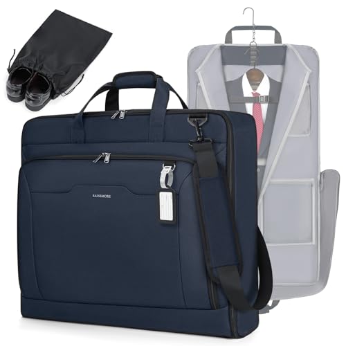 RAINSMORE Garment Bags for Travel Carry On Garment Bag for Hanging Clothes, Suit Bag for Business Trips with Shoes bag & Shoulder Strap, Waterproof Foldable Suit Luggage Bag for Men Women, Blue - color: Blue