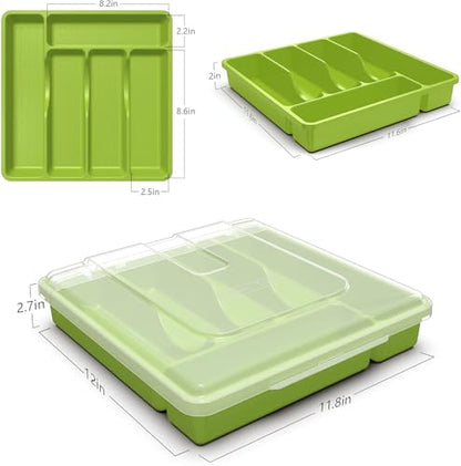 Utensil Holder for Countertop with Lid, Plastic Silverware Tray for Drawer (Green) - color: Green