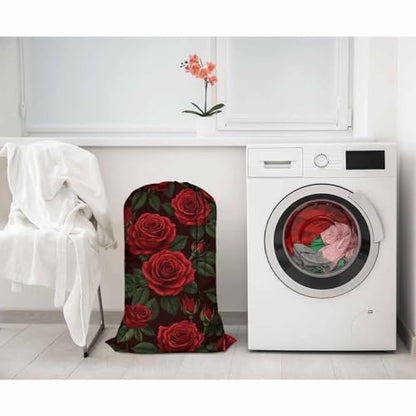 Swono Red Roses Drawstring Closure Dirty Clothes Bag Organizer, Heavy Duty Large Laundry Bag, Summer Flower Leaf Stem Blossom Botanical Rip-Stop Bags for Camp Travel, Machine Washable - color: Red Roses