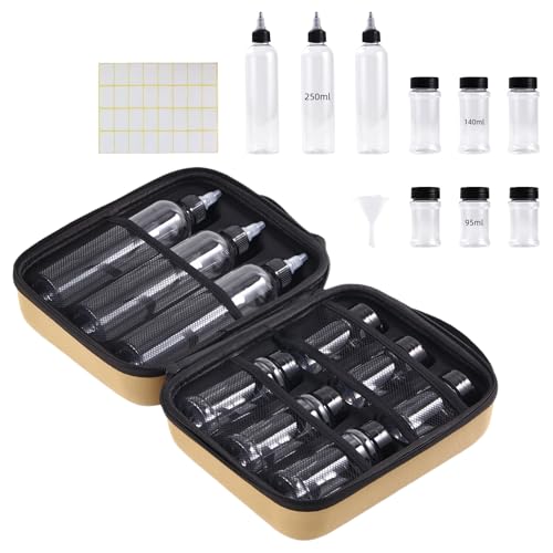 11-Piece Camping Spice Kit - 6 Powder & 3 Liquid Containers with Leakproof Lids, Portable funnel, EVA Hard Case - Portable Seasoning Set for Hiking, BBQ, RV Travel - BPA-Free PET Bottles