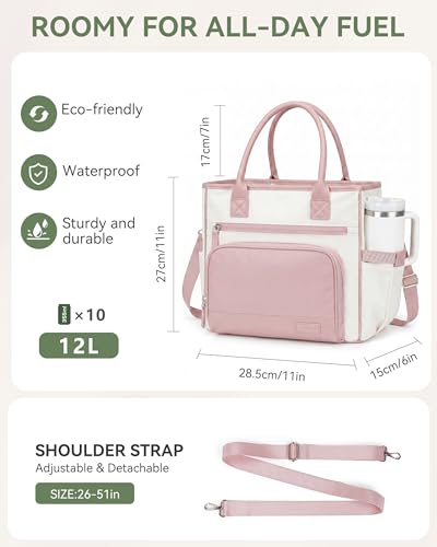 HOMESPON Insulated Lunch Bag Women Wide Opening Adult Lunch Box Large Leakproof Cooler Bag for Work Picnic Beach Family College Lunch Teacher Tote Bag with Adjustable Shoulder Strap Cup Holder(Pink) - color: Pink