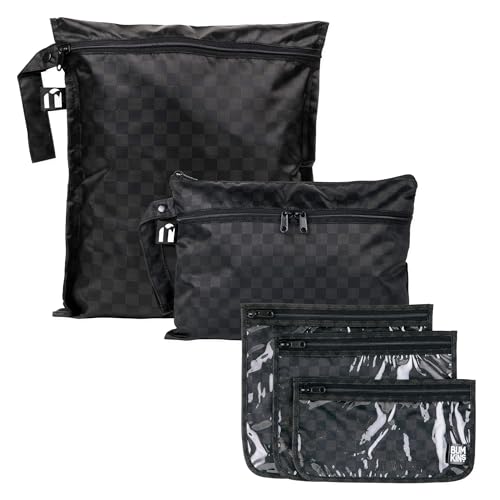 Bumkins and Roamio Waterproof Wet Bag, Wet/Dry Clutch & Clear Travel Bags - For Beach, Baby, Travel, Cloth Diapers, Pump Parts, Pool, Gym, Toiletries - Reusable & Easy to Clean - Black Check - 5 Pack - color: A4 Black Check 5pc