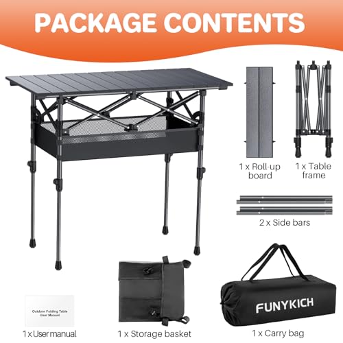 FUNYKICH Folding Camping Table(L32.3''xW15.7''), Aluminum Roll-up Portable Picnic Table with 2 Adjustable Height, Large Storage and Carrying Bag for Picnic, Camping, BBQ, Party, Backyard, Beach - size: 32.3''L x 15.7''W x (17.3''/27.6'')H
