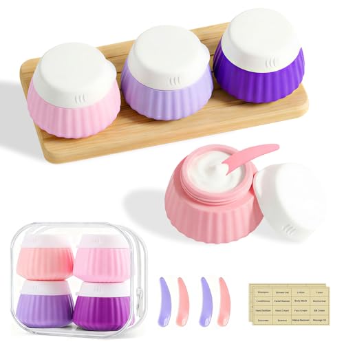4 Pack Travel Size Silicone Cream Containers, Leak Proof Refillable Toiletry Bottles for Toiletries with 4 Scoops, Labels and Clear Bag, Suitable for Travel Shampoo and Conditioner Bottles (A) - style: A