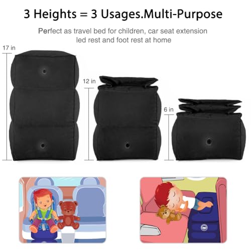 Travel Foot Rest Pillow, Portable Inflatable with Double Hand Pump Adjustable Three Layers Height Pillow for Foot Rest on Airplanes,Cars,Buses,Trains,Office Kids to Sleep on Long Flights (Black) - color: Black