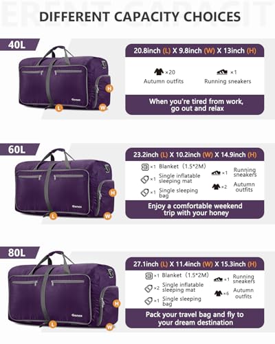 Gonex Large Foldable Travel Duffle Bag with Shoes Compartment, Packable Lightweight Water Repellent Duffel Bag for Camping Gym Weekender Bag - color: Purple, size: 150L
