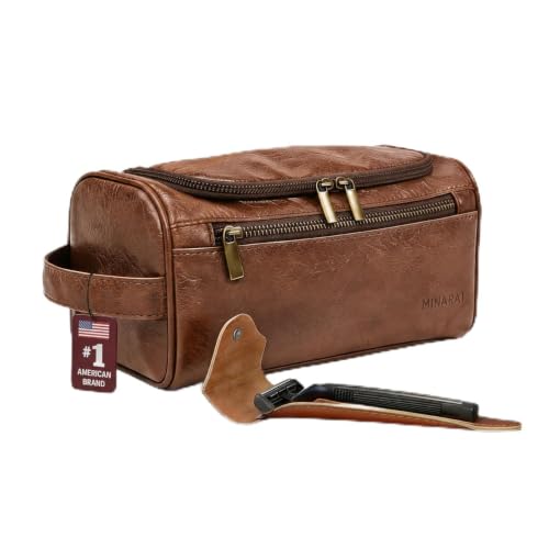 MINARAI Mens Toiletry Travel Bag with Razor Case & Dust Bag – Premium PU Leather Organizer with Hanging Design and Structured Storage – Mens Toiletry Bag for Travel, Gym, and Everyday Gift–BROWN - color: Brown