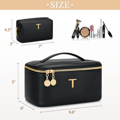 Personalized Initial Makeup Bag Gifts for Women, Large Travel Cosmetic Organizer with Handle & Divider, PU Leather Toiletry Bag for Girls, Birthday Bridesmaid Gift Set - Black - T - color: Black, style: T
