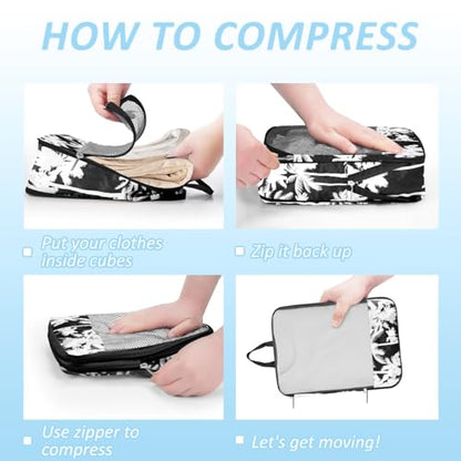 Tropical Palm Tree Travel Packing Cubes Set (7 Piece) - Essential Bag for Clothes Shoes Cosmetics Toiletry - Perfect Business Trip Accessories - color: Black-6