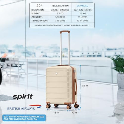 Flight Knight 22x18x10 Expandable Carry On Suitcase Hardside TSA Lock & USB C Port Lightweight Luggage Silent Double Spinner Wheels Maximum Spirit Overhead Carry-On Bag Airlines Approved Cream - color: Cream/Tan, size: 22x18x10"