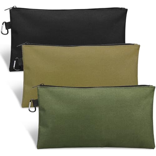 3 Pack Tool Bag Zipper Pouch, Premium Tool Pouch, Utility Multipurpose Storage Organizer Tool Pouches with Carabiner Metal Zipper for Tools, Stationary, Pencil Pouch (3 Pack, Tan, Navy Green, Black) - color: 3 Pack, Tan, Navy Green, Black