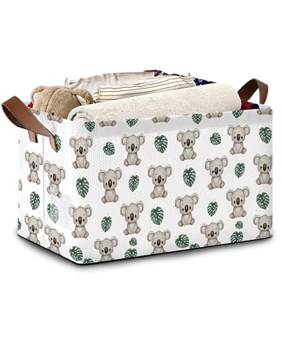 Cute Koala Storage Basket,Palm Leaf Collapsible Storage Bin Cubes for Living Room Bedroom Blankets Home Storage 17x11.5x10Inch - color: Cute Koala Palm Leaf