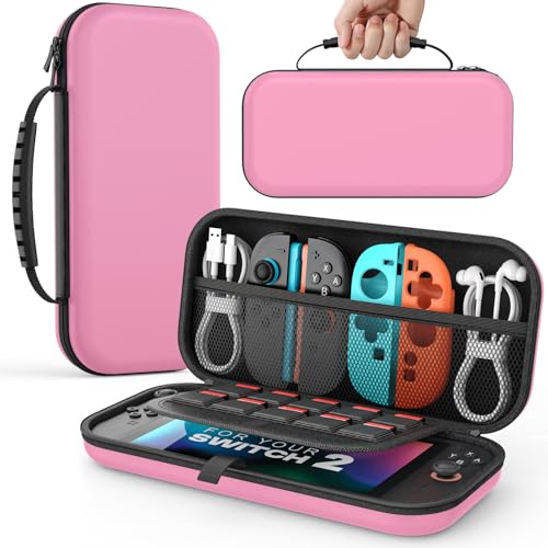MoKo Carrying Case for Nintendo Switch 2(2025), Protective Hard Shell Portable Travel Carry Case Pouch holds 10 Cartridges with Pockets for Switch 2 Accessories and Games, Pink - color: Pink