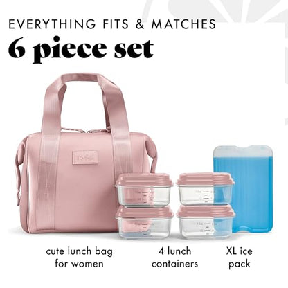 Fit & Fresh Remi Lunch Bag for Women Work – Neoprene Lunch Tote with Containers & Ice Pack, Reusable Meal Prep Lunch Box, Large Capacity, Machine Washable, Mauve - color: Mauve