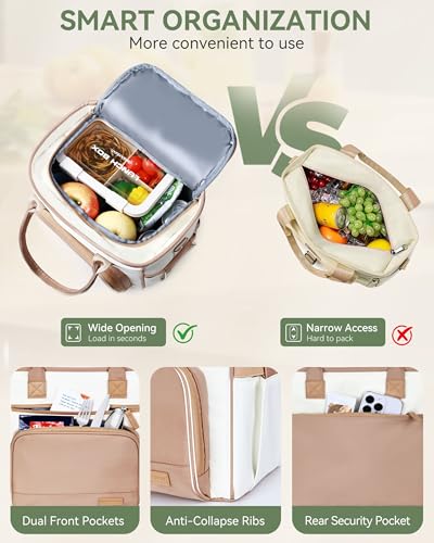 HOMESPON Insulated Lunch Bag Women Wide Opening Adult Lunch Box Large Leakproof Cooler Bag for Work Picnic Beach Family College Lunch Teacher Tote Bag with Adjustable Shoulder Strap Cup Holder(Brown) - color: Brown
