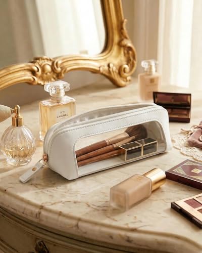 LETGO Clear Makeup Brush Bag Pouch, Waterproof PU Leather Portable Makeup Bag Holder with Transparent Window, Travel Lipstick Case Pouch Car Organizer and Storage (Slim, Beige) - color: Beige, style: Slim
