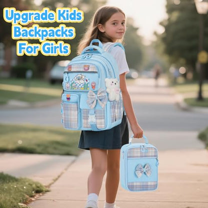 Girls Backpack with Lunch Box Set, 5pc Blue Cute Kawaii Bookbag for Teens, Aesthetic School Backpack for Elementary - color: Blue