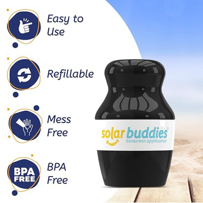 Solar Buddies Grab & Go Travel Bundle, Carabina Clip & Cleaning Brush - Single Full Black - Refillable Roll on Sponge Sunscreen, Suncream & Lotion Applicator For Kids, Adults & Families - Holds 100ml - color: Black Single