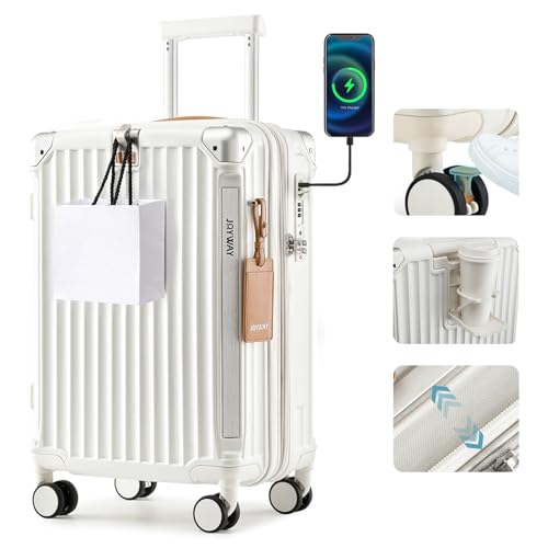 Joyway Carry On Luggage, Expandable Suitcase with Smart Cup Holder and USB Port, 20 IN Hardside Checked with TSA Lock Spinner Double Wheels, White - color: White, size: Carry-On 20-Inch