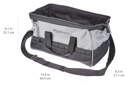 Amazon Basics Durable Wear-Resistant Tool Storage Bag with Adjustable Shoulder Strap, Portable Tool Organizer, 16 in, Black & Grey - size: Large Standard Bag